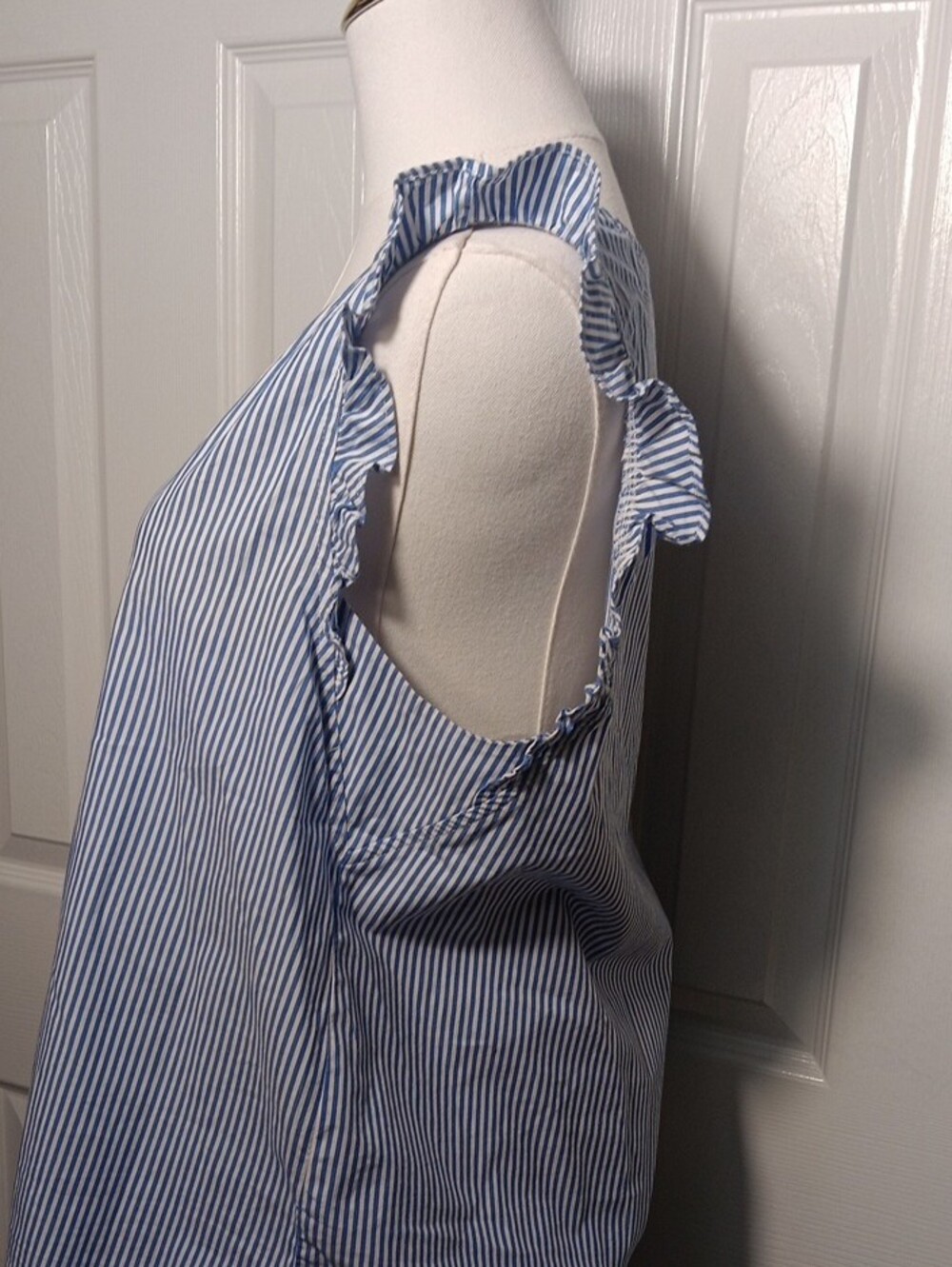 J. Crew Blue and White Pinstripe V-Neck Ruffle-Sleeve Top Size Medium - Picture 5 of 12